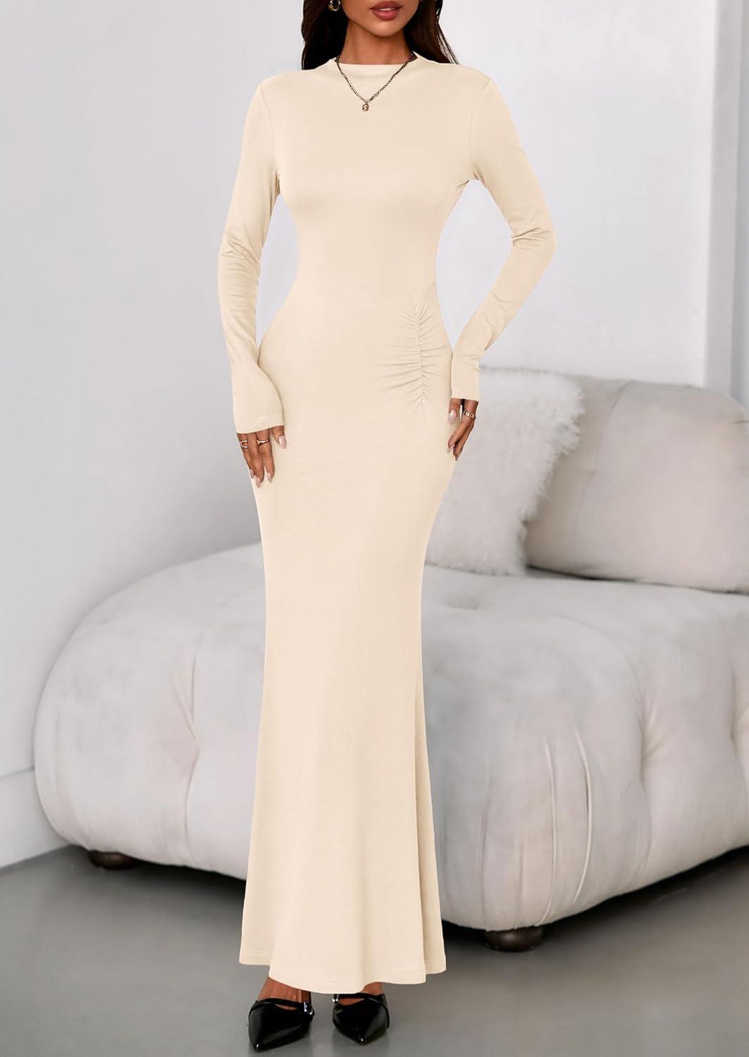 imagePRETTYGARDEN Fall Dresses for Women 2026 Long Sleeve Bodycon Mock Neck Ruched Maxi Formal Cocktail Wedding Guest DressApricot