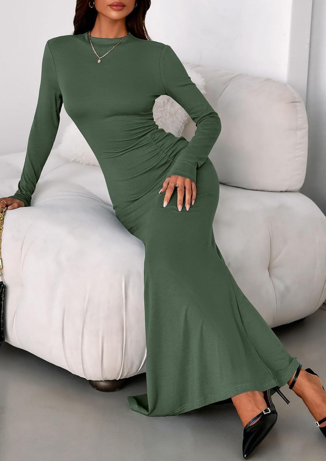 imagePRETTYGARDEN Fall Dresses for Women 2026 Long Sleeve Bodycon Mock Neck Ruched Maxi Formal Cocktail Wedding Guest DressArmy Green