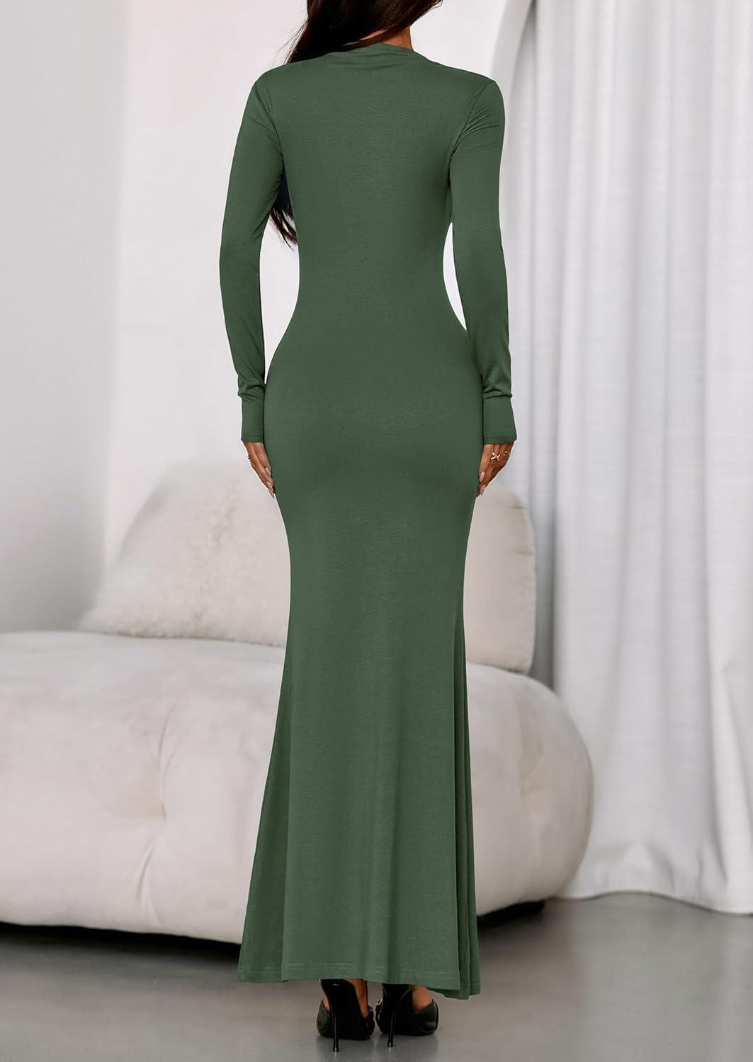imagePRETTYGARDEN Fall Dresses for Women 2026 Long Sleeve Bodycon Mock Neck Ruched Maxi Formal Cocktail Wedding Guest DressArmy Green