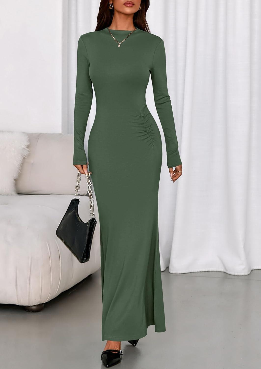 imagePRETTYGARDEN Fall Dresses for Women 2026 Long Sleeve Bodycon Mock Neck Ruched Maxi Formal Cocktail Wedding Guest DressArmy Green