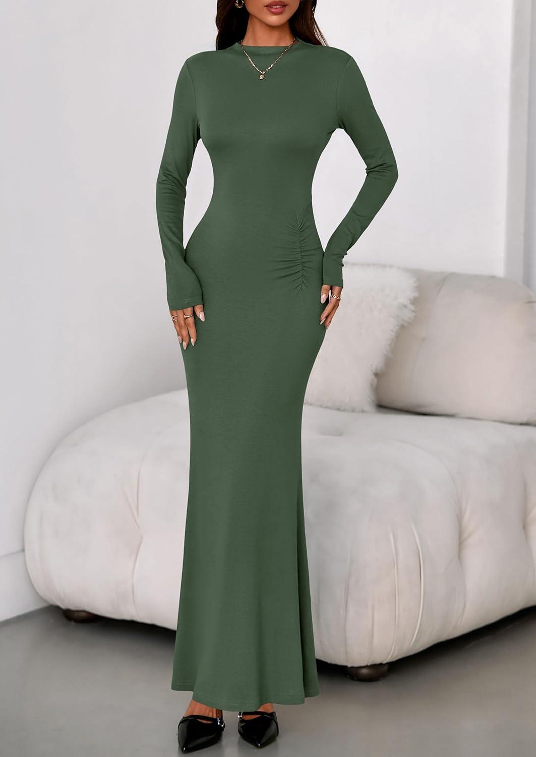 imagePRETTYGARDEN Fall Dresses for Women 2026 Long Sleeve Bodycon Mock Neck Ruched Maxi Formal Cocktail Wedding Guest DressArmy Green