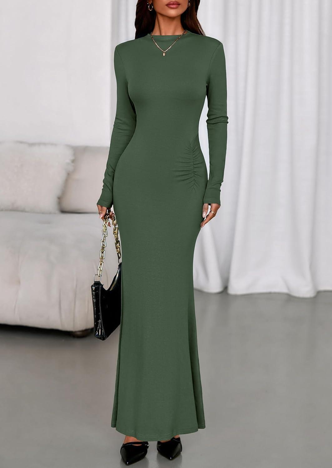 imagePRETTYGARDEN Fall Dresses for Women 2026 Long Sleeve Bodycon Mock Neck Ruched Maxi Formal Cocktail Wedding Guest DressArmy Green