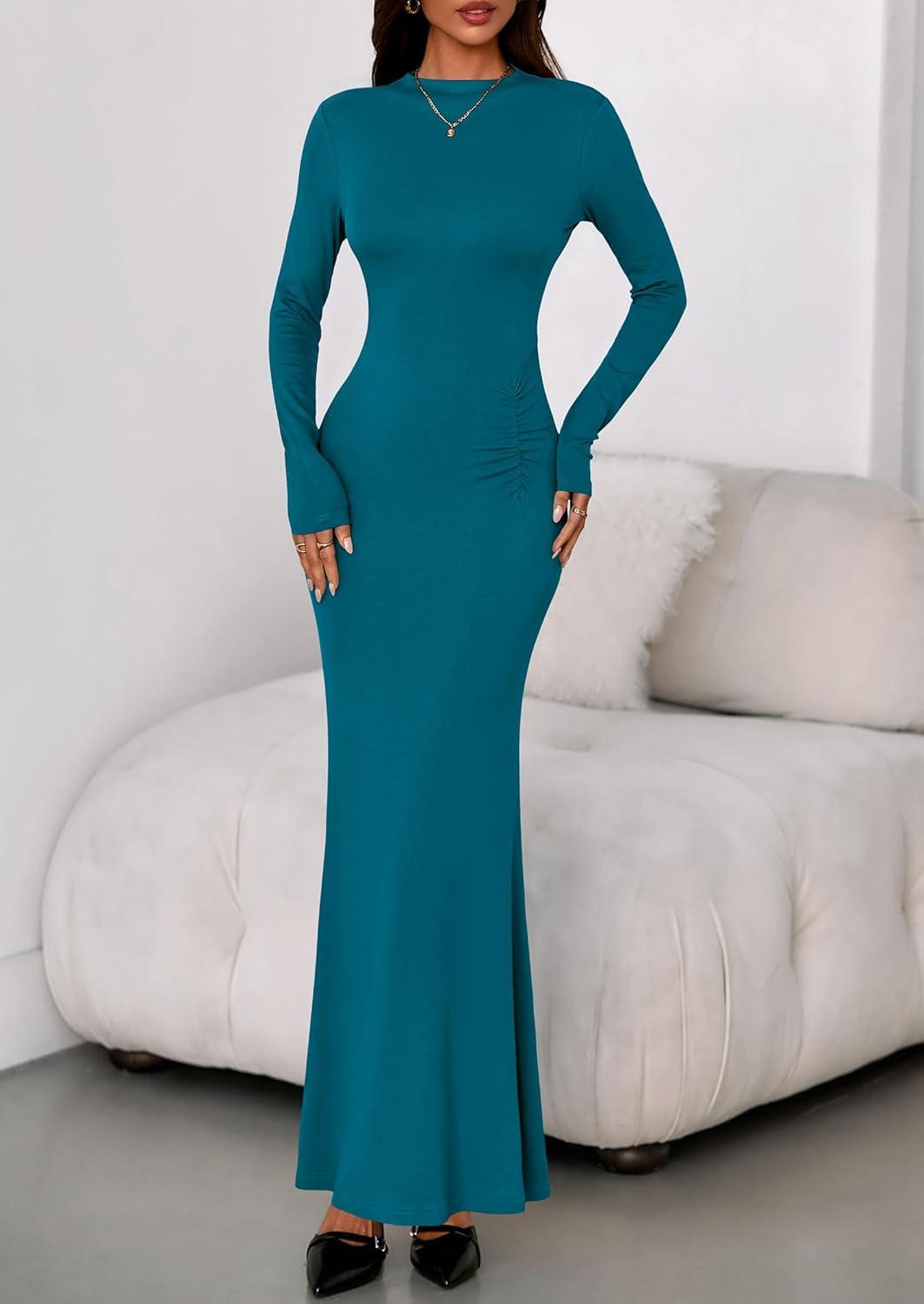 imagePRETTYGARDEN Fall Dresses for Women 2026 Long Sleeve Bodycon Mock Neck Ruched Maxi Formal Cocktail Wedding Guest DressBlue Green
