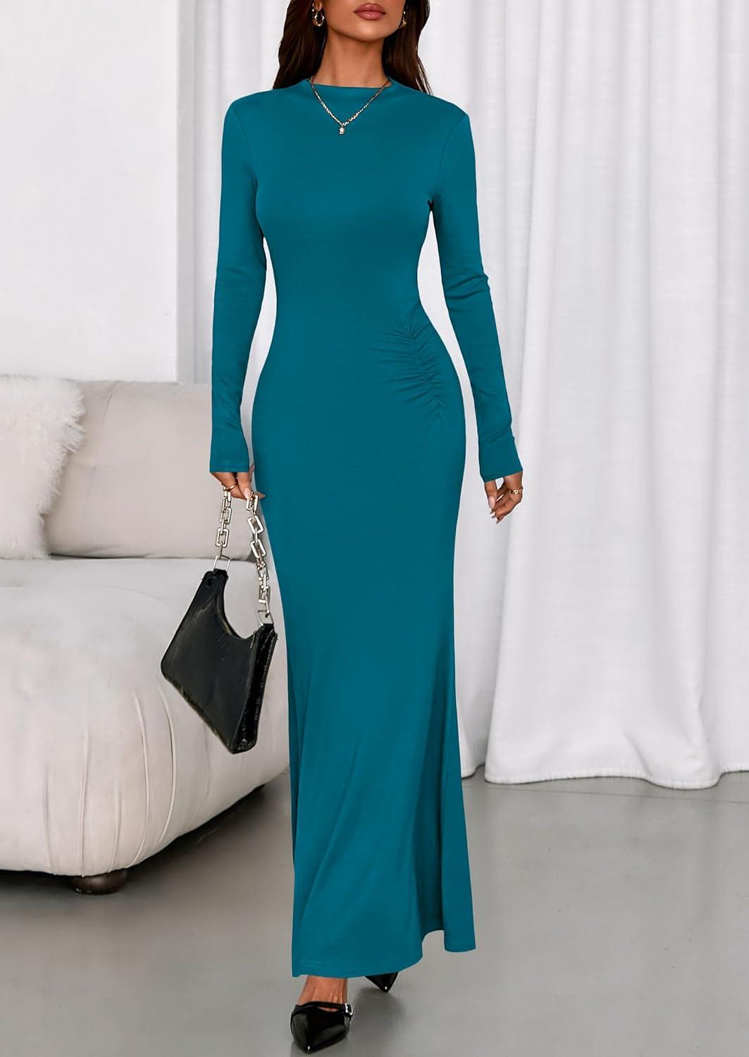imagePRETTYGARDEN Fall Dresses for Women 2026 Long Sleeve Bodycon Mock Neck Ruched Maxi Formal Cocktail Wedding Guest DressBlue Green