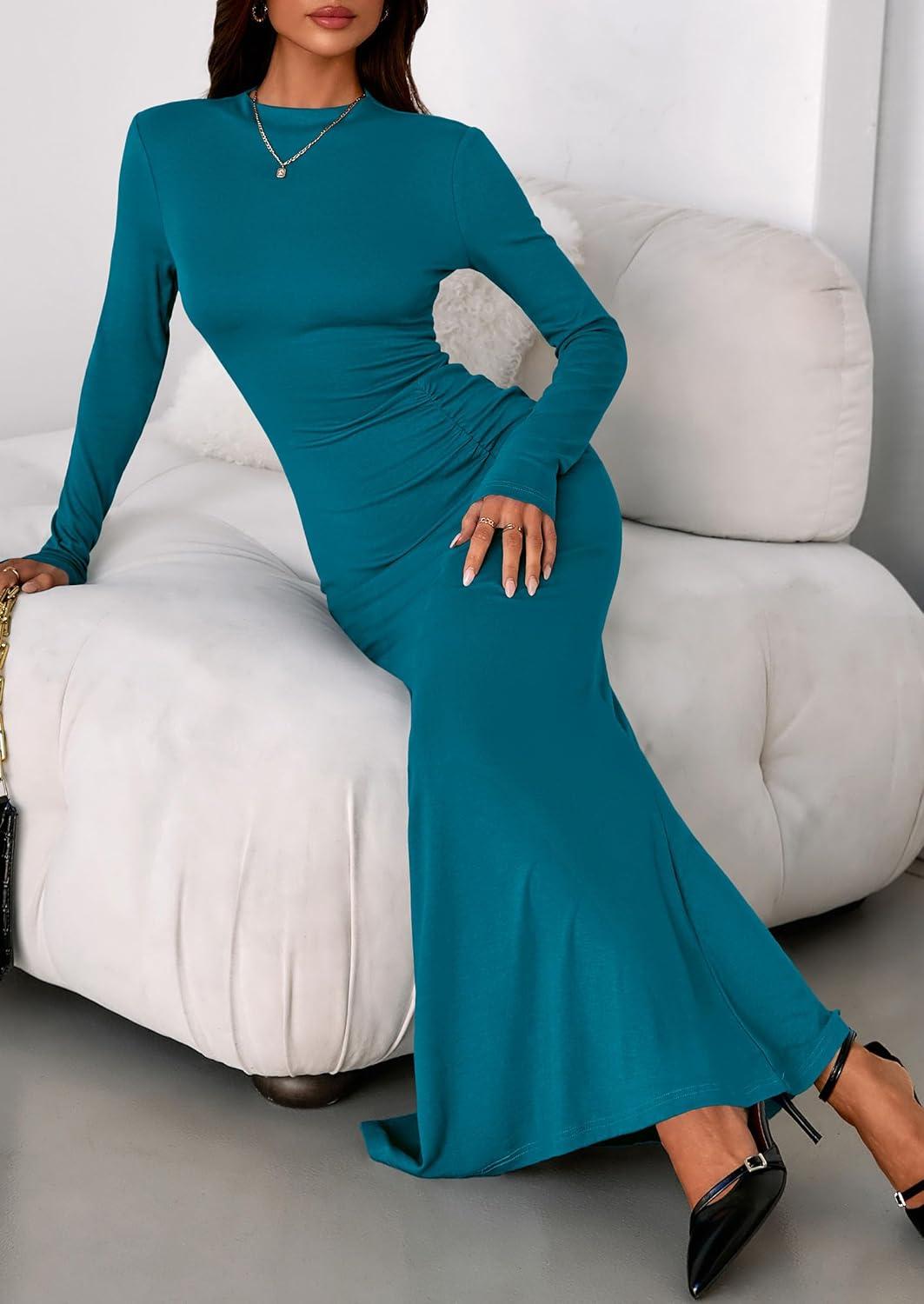 imagePRETTYGARDEN Fall Dresses for Women 2026 Long Sleeve Bodycon Mock Neck Ruched Maxi Formal Cocktail Wedding Guest DressBlue Green