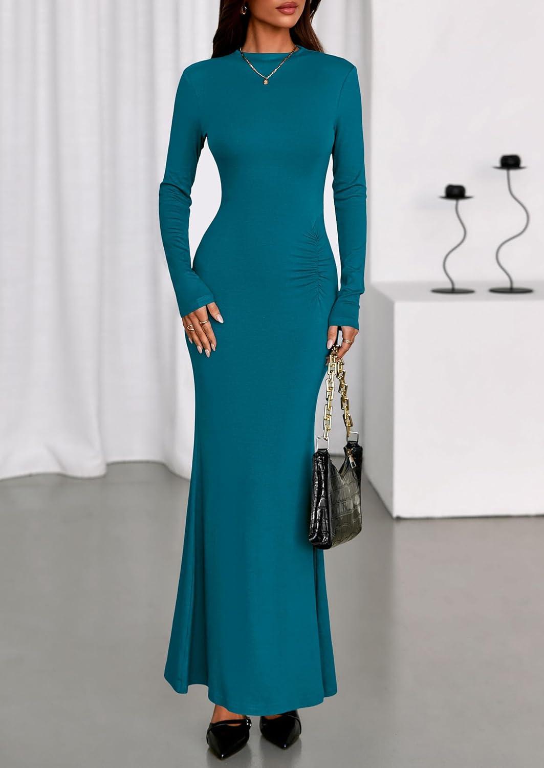 imagePRETTYGARDEN Fall Dresses for Women 2026 Long Sleeve Bodycon Mock Neck Ruched Maxi Formal Cocktail Wedding Guest DressBlue Green