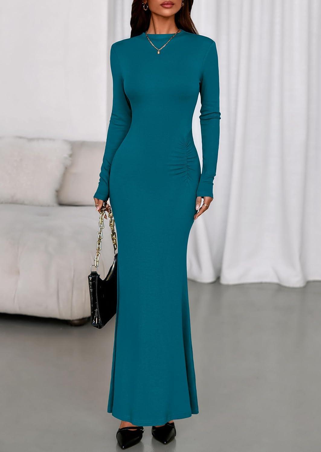 imagePRETTYGARDEN Fall Dresses for Women 2026 Long Sleeve Bodycon Mock Neck Ruched Maxi Formal Cocktail Wedding Guest DressBlue Green