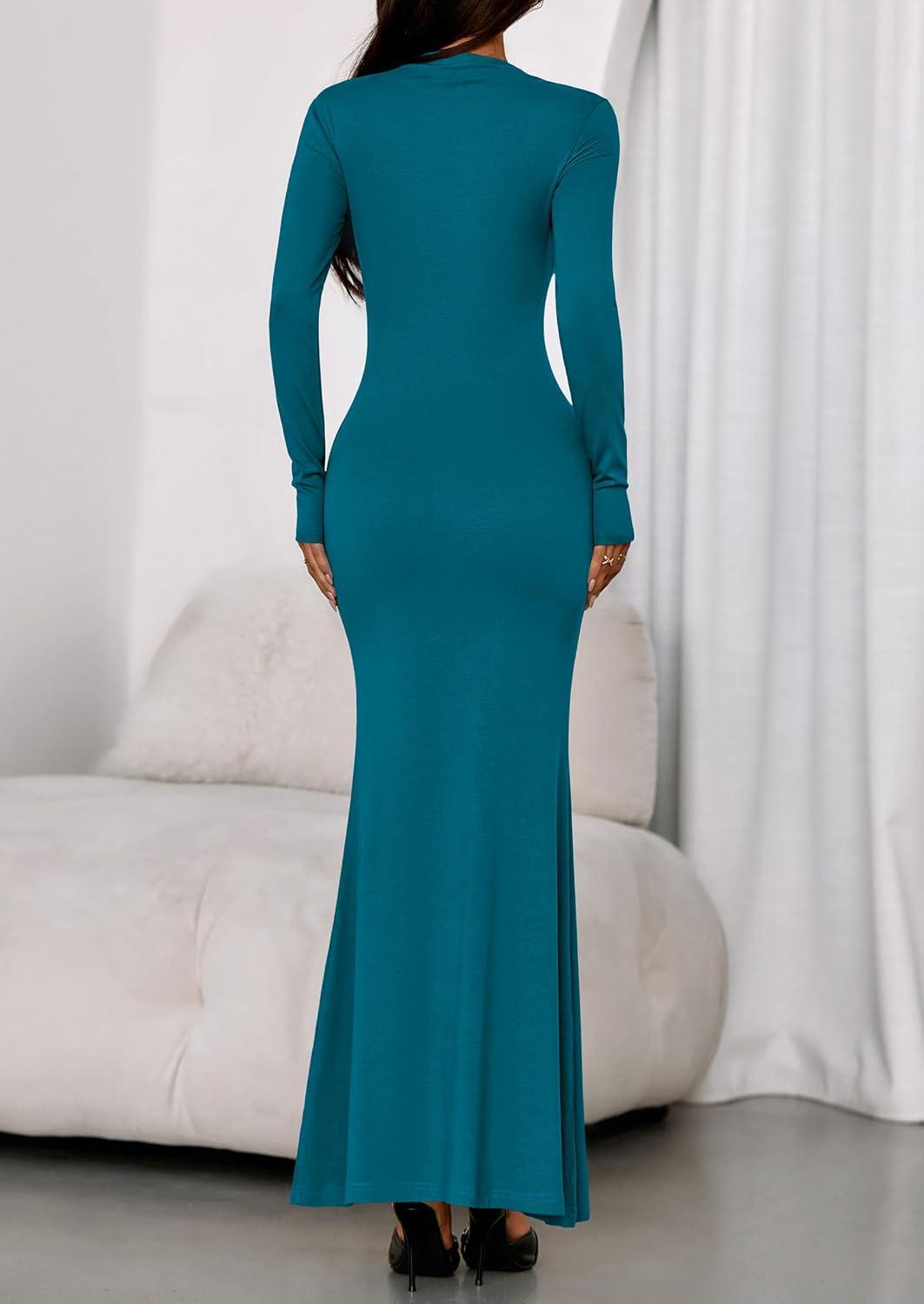 imagePRETTYGARDEN Fall Dresses for Women 2026 Long Sleeve Bodycon Mock Neck Ruched Maxi Formal Cocktail Wedding Guest DressBlue Green