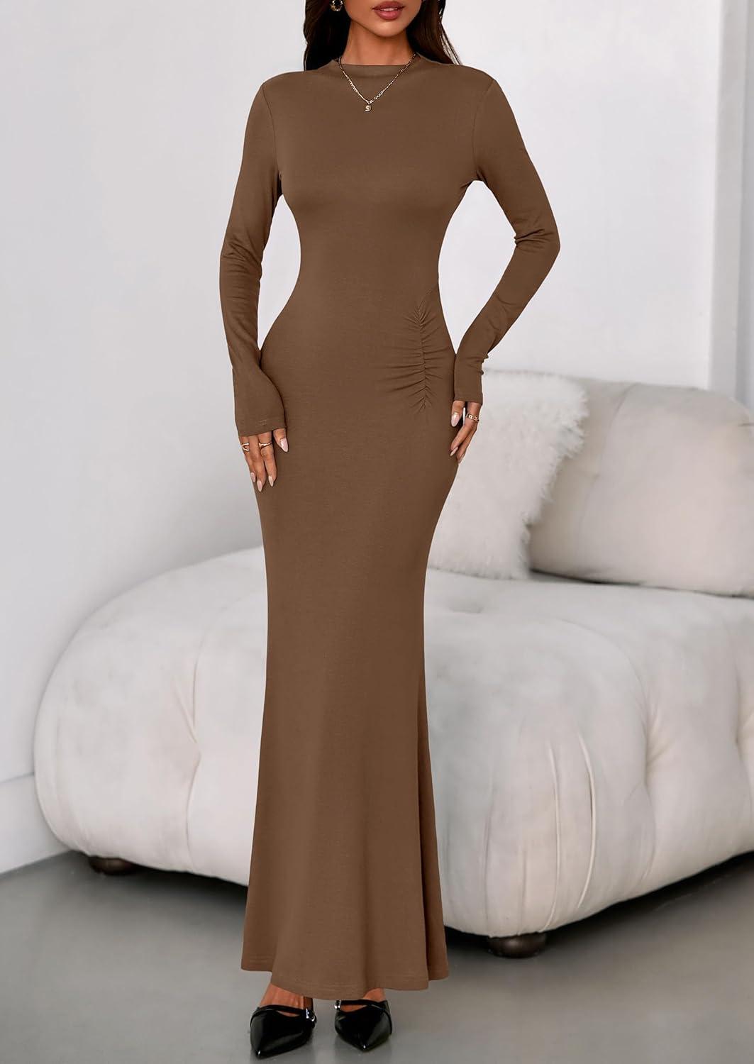 imagePRETTYGARDEN Fall Dresses for Women 2026 Long Sleeve Bodycon Mock Neck Ruched Maxi Formal Cocktail Wedding Guest DressBrown