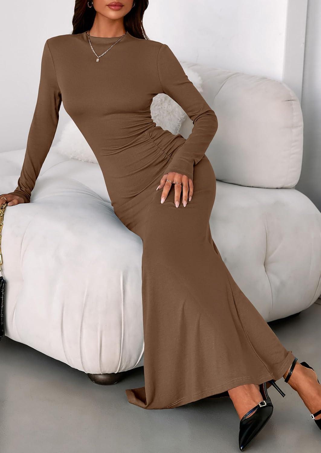 imagePRETTYGARDEN Fall Dresses for Women 2026 Long Sleeve Bodycon Mock Neck Ruched Maxi Formal Cocktail Wedding Guest DressBrown