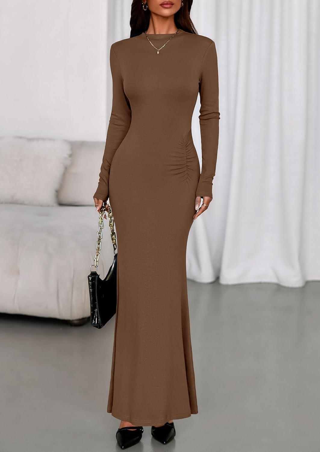 imagePRETTYGARDEN Fall Dresses for Women 2026 Long Sleeve Bodycon Mock Neck Ruched Maxi Formal Cocktail Wedding Guest DressBrown