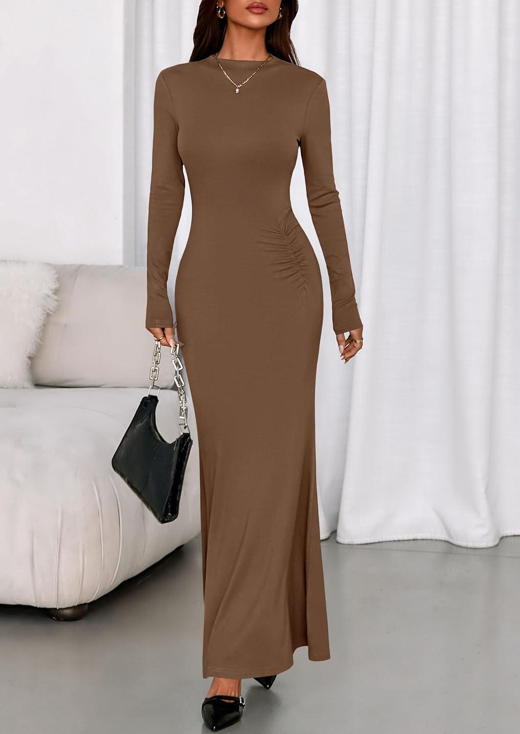 imagePRETTYGARDEN Fall Dresses for Women 2026 Long Sleeve Bodycon Mock Neck Ruched Maxi Formal Cocktail Wedding Guest DressBrown