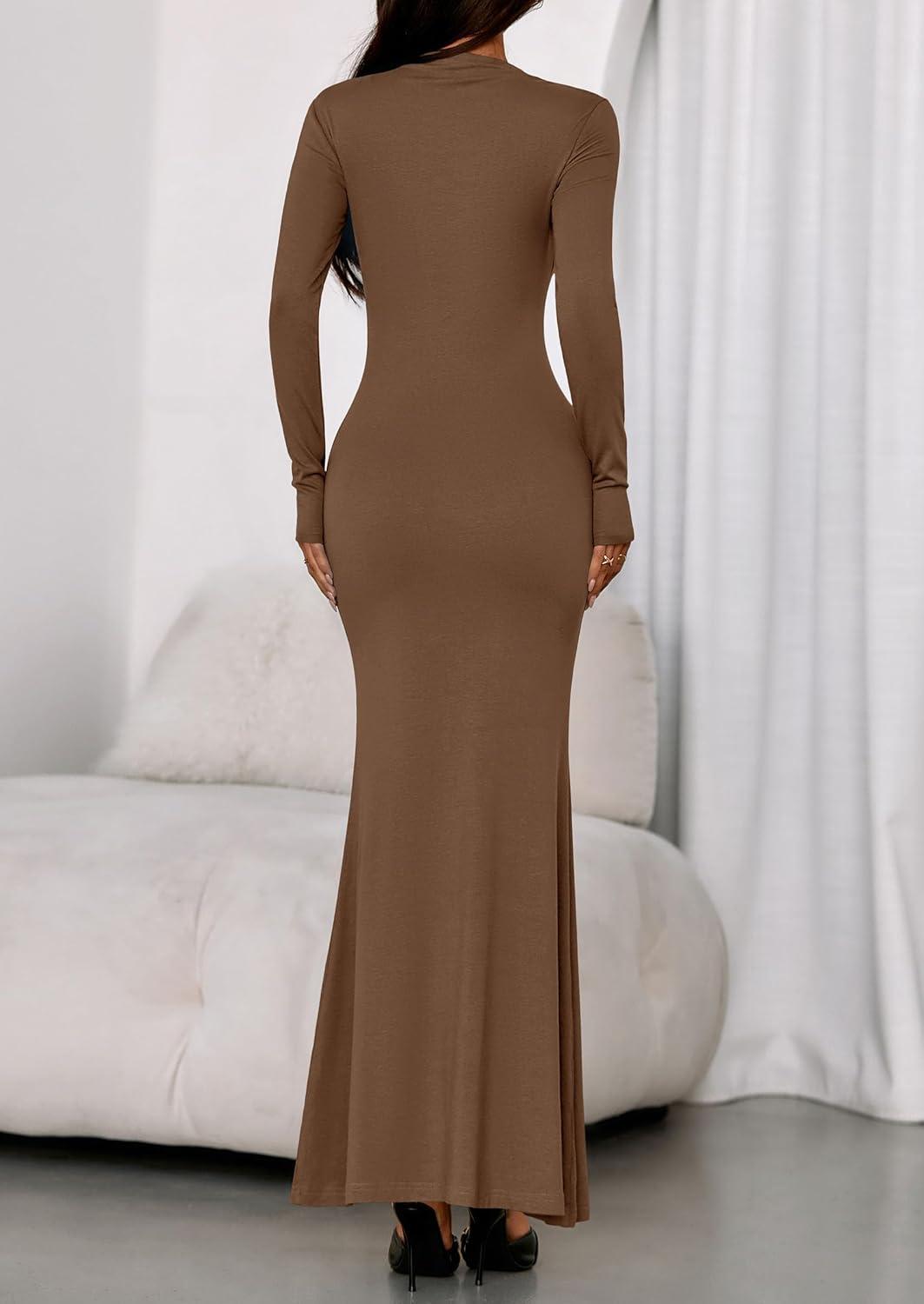imagePRETTYGARDEN Fall Dresses for Women 2026 Long Sleeve Bodycon Mock Neck Ruched Maxi Formal Cocktail Wedding Guest DressBrown
