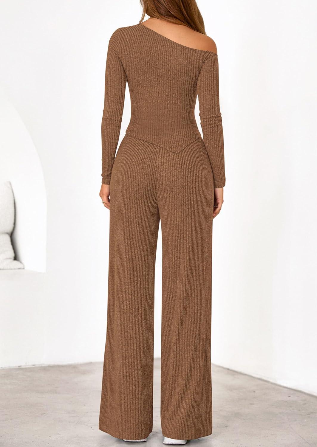 imagePRETTYGARDEN Fall Two Piece Sets For Women 2026 Off Shoulder Tops Long Pants Knit Matching Lounge Set Airport Travel OutfitsBrown