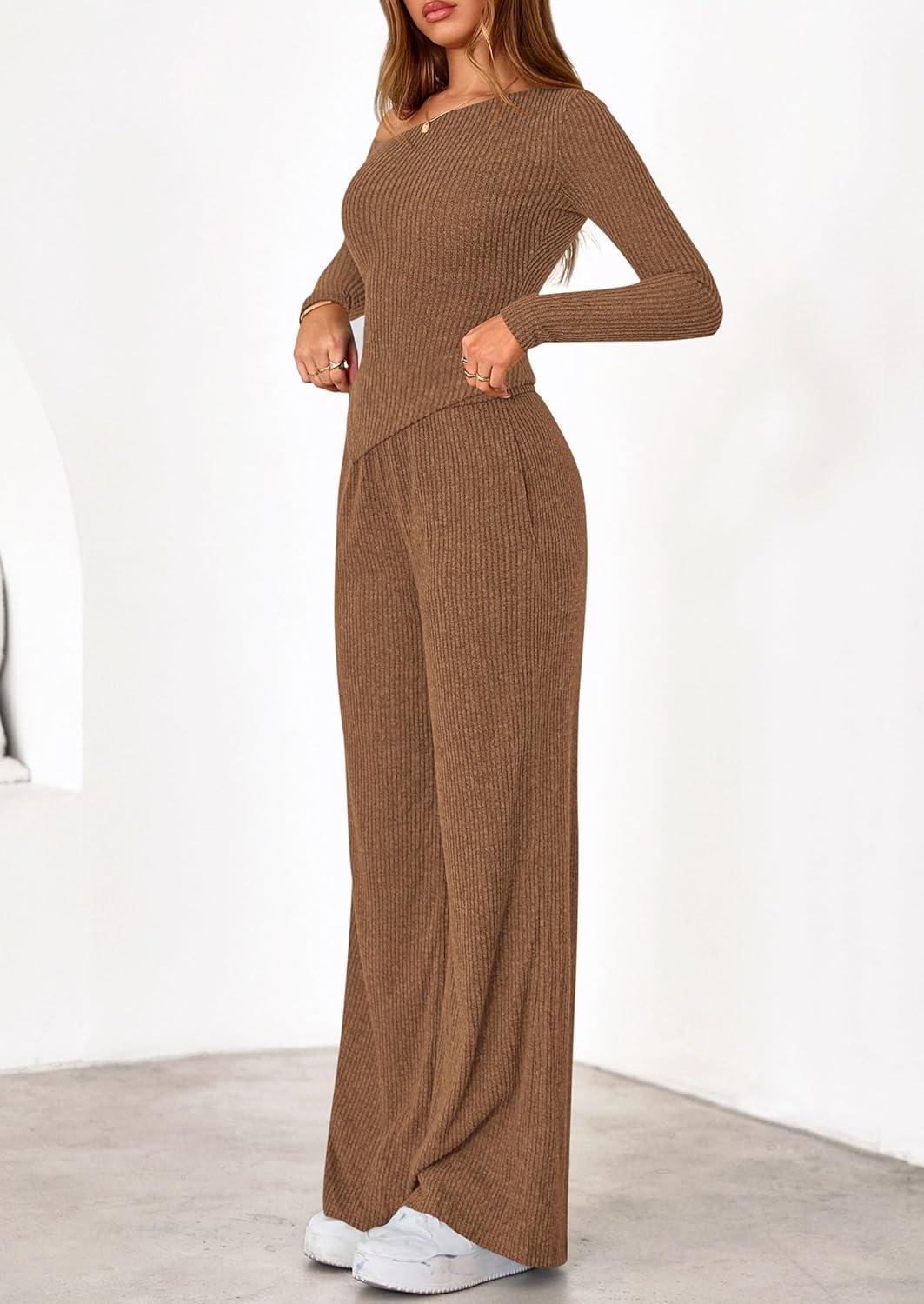 imagePRETTYGARDEN Fall Two Piece Sets For Women 2026 Off Shoulder Tops Long Pants Knit Matching Lounge Set Airport Travel OutfitsBrown