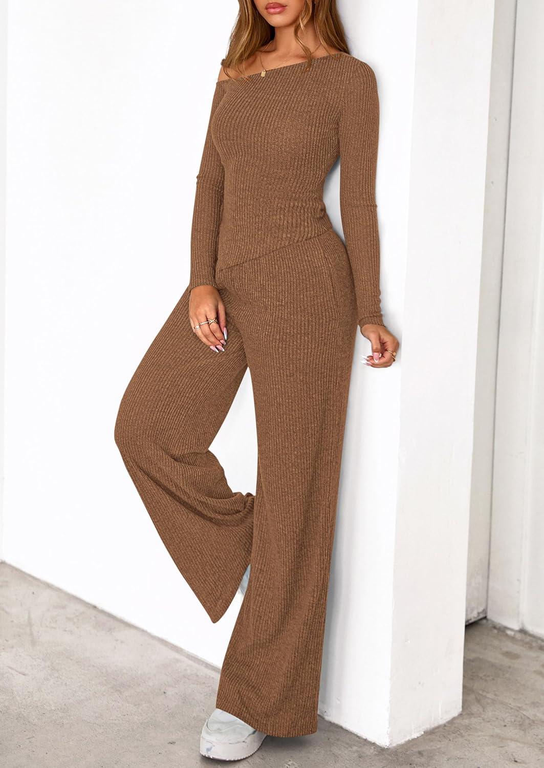 imagePRETTYGARDEN Fall Two Piece Sets For Women 2026 Off Shoulder Tops Long Pants Knit Matching Lounge Set Airport Travel OutfitsBrown