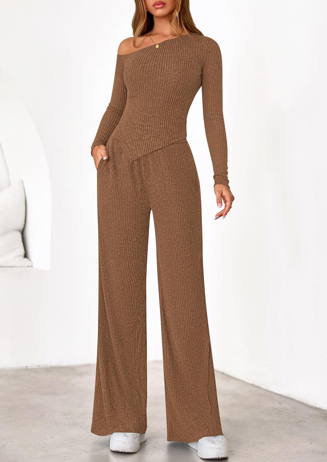 imagePRETTYGARDEN Fall Two Piece Sets For Women 2026 Off Shoulder Tops Long Pants Knit Matching Lounge Set Airport Travel OutfitsBrown