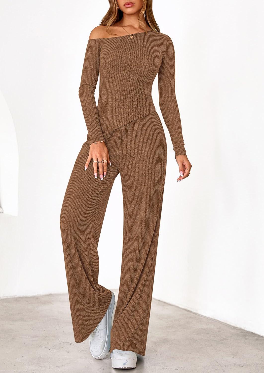 imagePRETTYGARDEN Fall Two Piece Sets For Women 2026 Off Shoulder Tops Long Pants Knit Matching Lounge Set Airport Travel OutfitsBrown