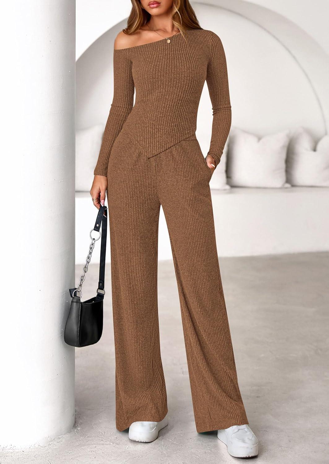 imagePRETTYGARDEN Fall Two Piece Sets For Women 2026 Off Shoulder Tops Long Pants Knit Matching Lounge Set Airport Travel OutfitsBrown