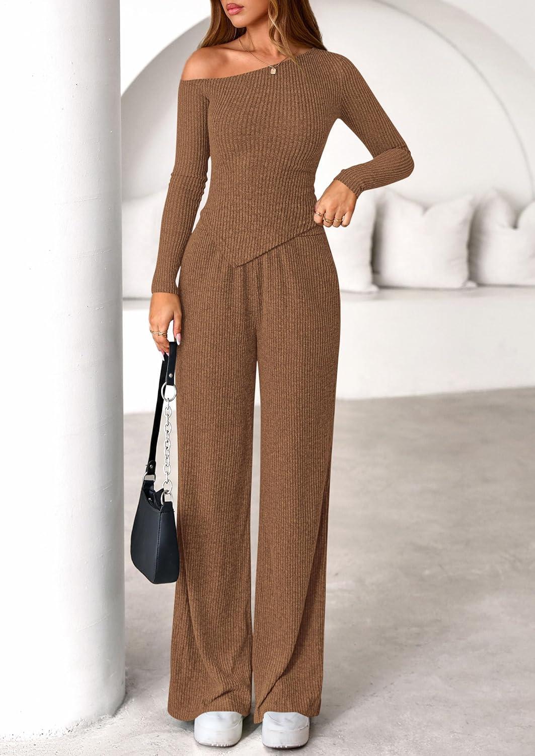imagePRETTYGARDEN Fall Two Piece Sets For Women 2026 Off Shoulder Tops Long Pants Knit Matching Lounge Set Airport Travel OutfitsBrown