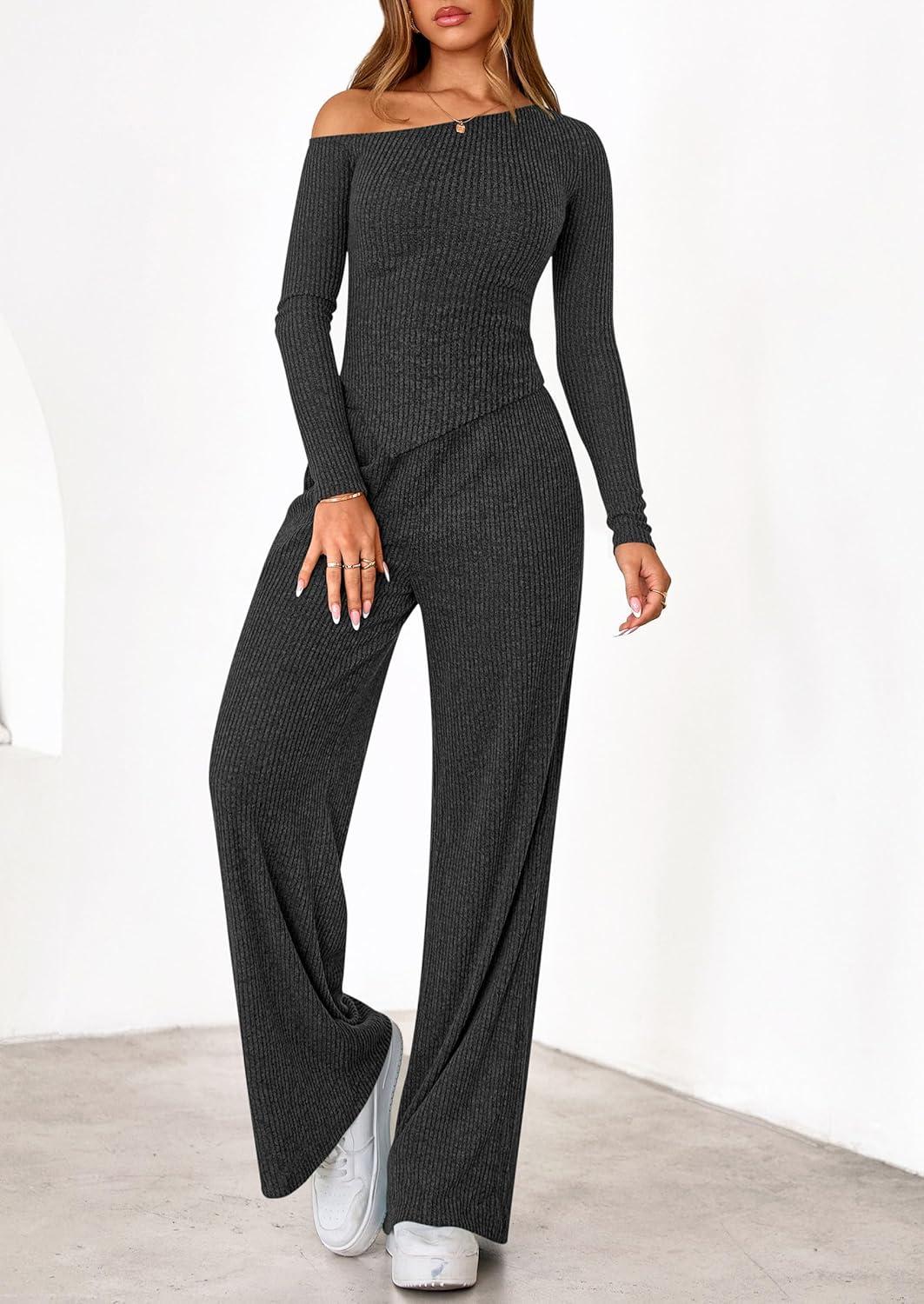 imagePRETTYGARDEN Fall Two Piece Sets For Women 2026 Off Shoulder Tops Long Pants Knit Matching Lounge Set Airport Travel OutfitsDark Grey