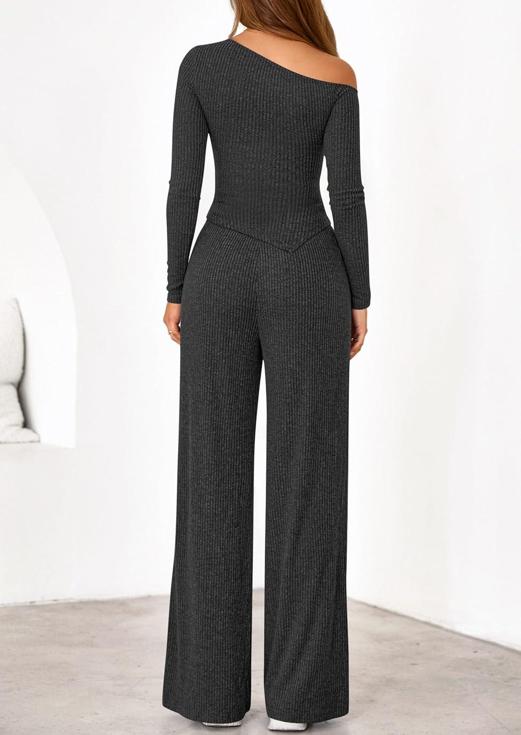 imagePRETTYGARDEN Fall Two Piece Sets For Women 2026 Off Shoulder Tops Long Pants Knit Matching Lounge Set Airport Travel OutfitsDark Grey