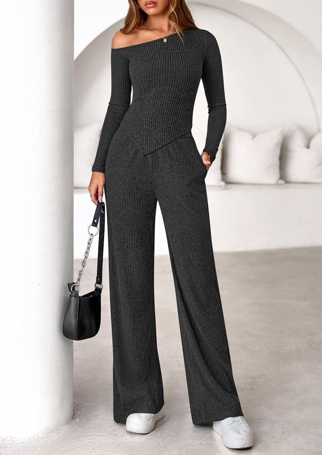 imagePRETTYGARDEN Fall Two Piece Sets For Women 2026 Off Shoulder Tops Long Pants Knit Matching Lounge Set Airport Travel OutfitsDark Grey