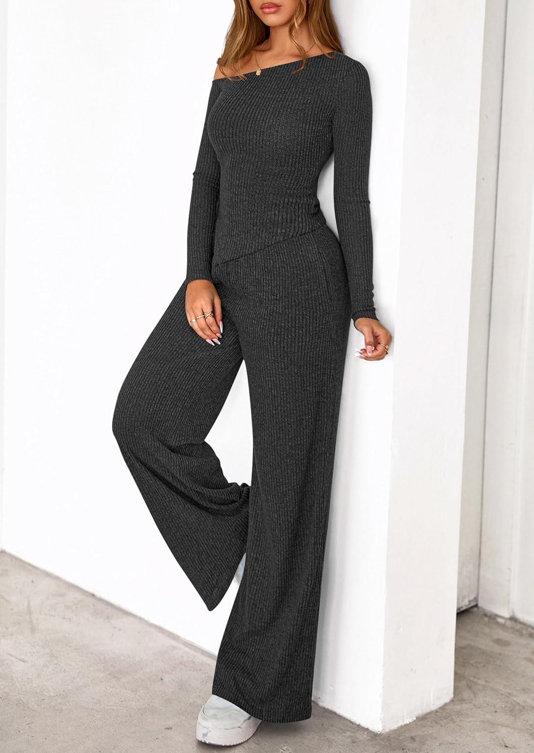 imagePRETTYGARDEN Fall Two Piece Sets For Women 2026 Off Shoulder Tops Long Pants Knit Matching Lounge Set Airport Travel OutfitsDark Grey