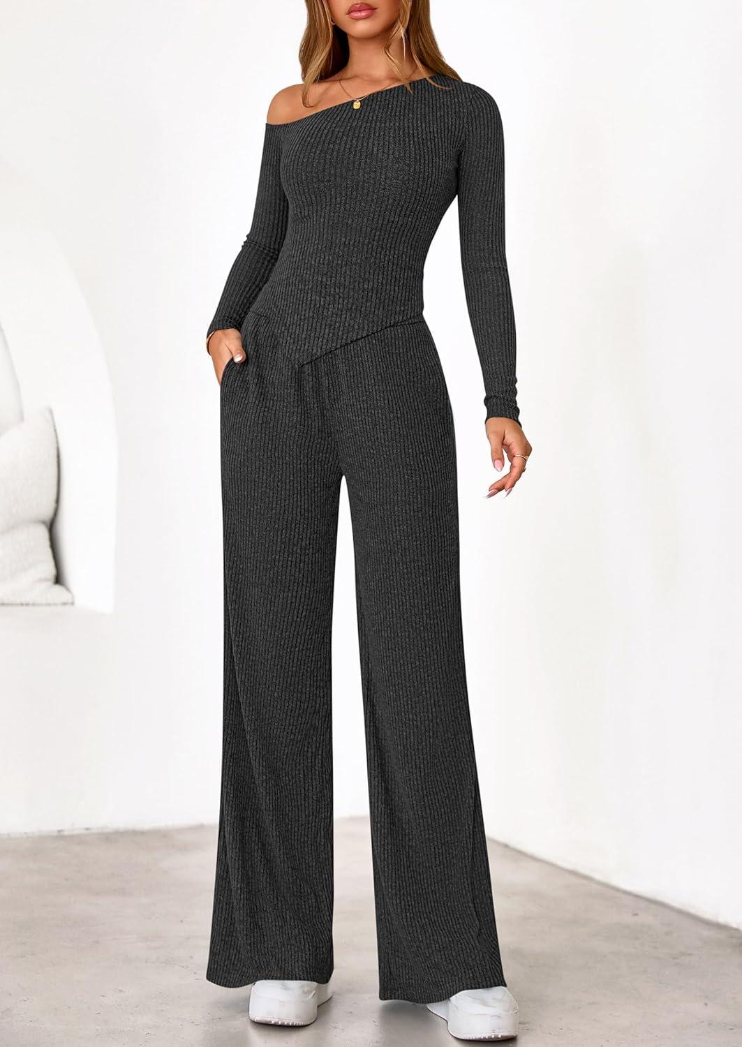 imagePRETTYGARDEN Fall Two Piece Sets For Women 2026 Off Shoulder Tops Long Pants Knit Matching Lounge Set Airport Travel OutfitsDark Grey