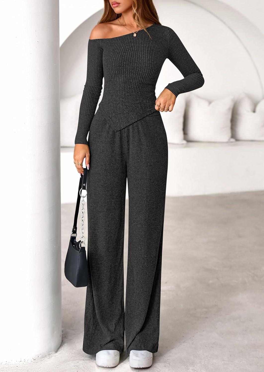 imagePRETTYGARDEN Fall Two Piece Sets For Women 2026 Off Shoulder Tops Long Pants Knit Matching Lounge Set Airport Travel OutfitsDark Grey