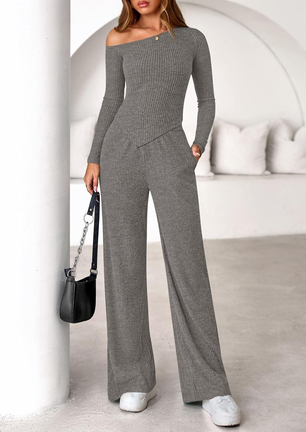 imagePRETTYGARDEN Fall Two Piece Sets For Women 2026 Off Shoulder Tops Long Pants Knit Matching Lounge Set Airport Travel OutfitsGrey