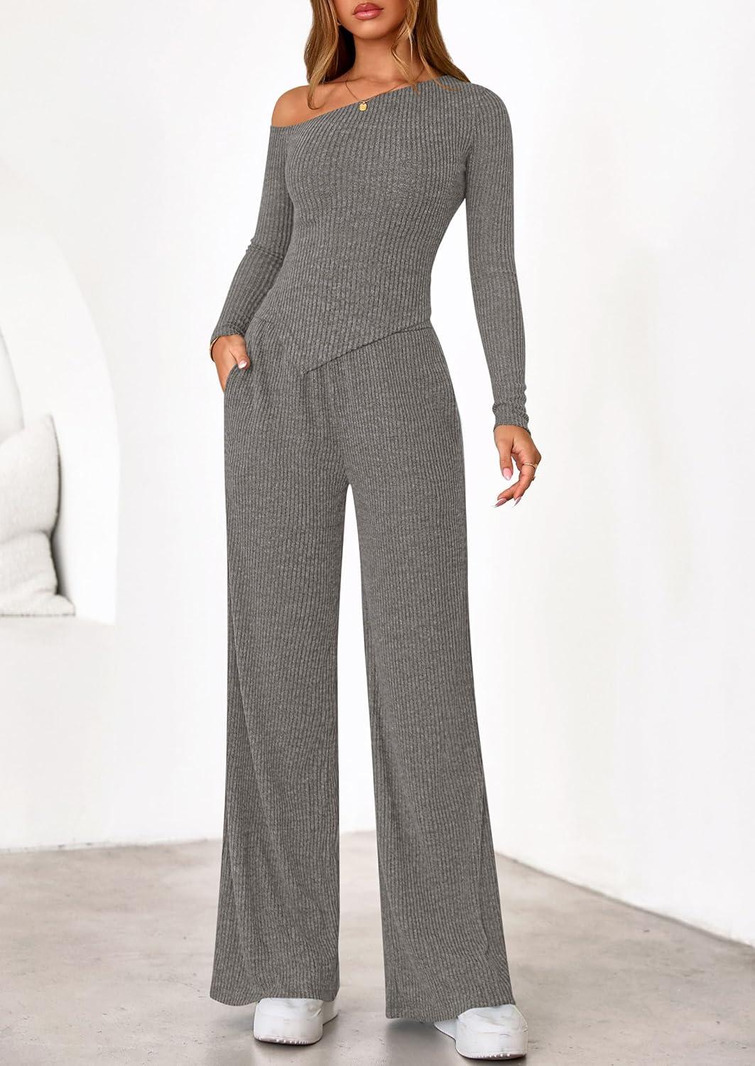 imagePRETTYGARDEN Fall Two Piece Sets For Women 2026 Off Shoulder Tops Long Pants Knit Matching Lounge Set Airport Travel OutfitsGrey