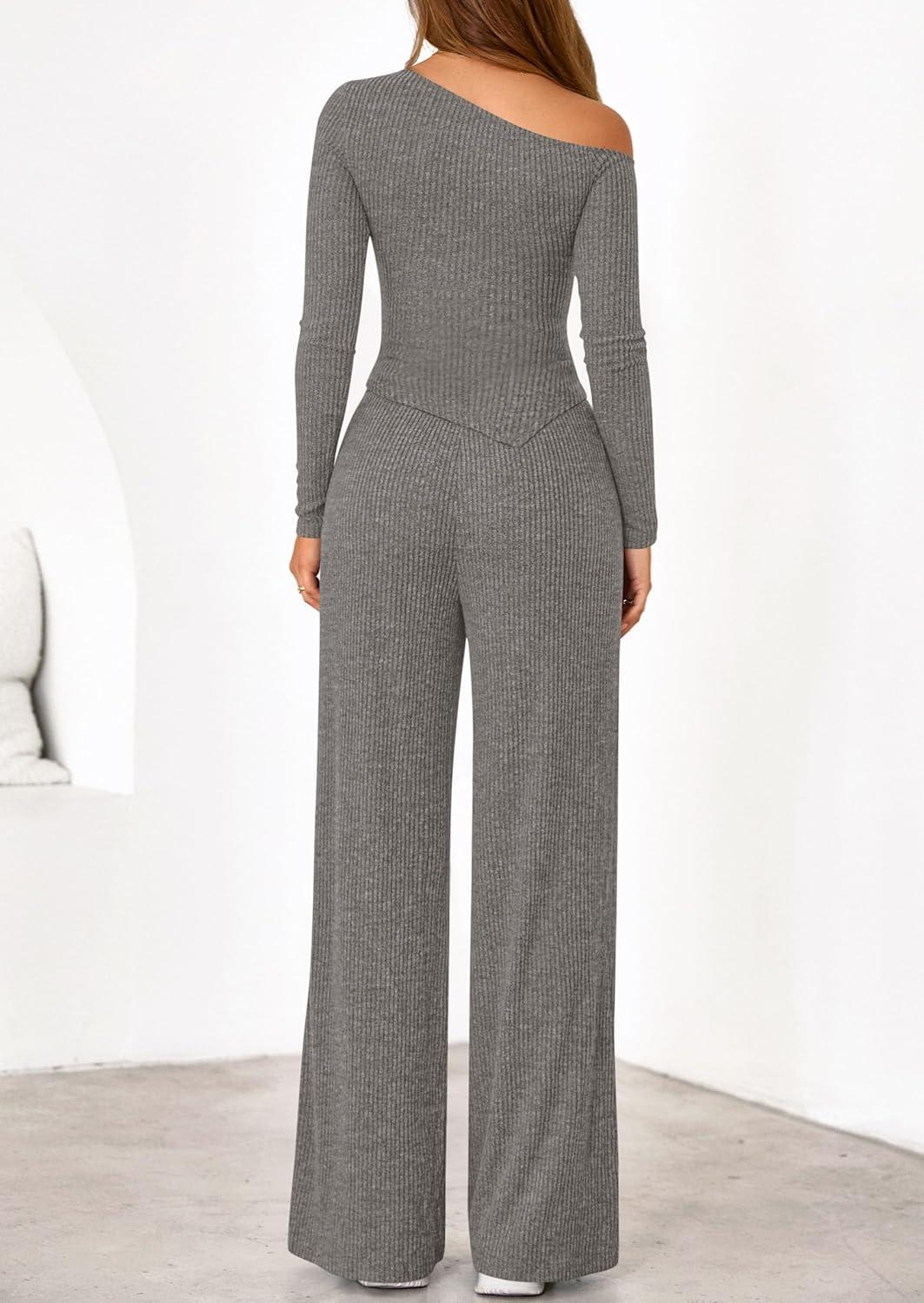 imagePRETTYGARDEN Fall Two Piece Sets For Women 2026 Off Shoulder Tops Long Pants Knit Matching Lounge Set Airport Travel OutfitsGrey