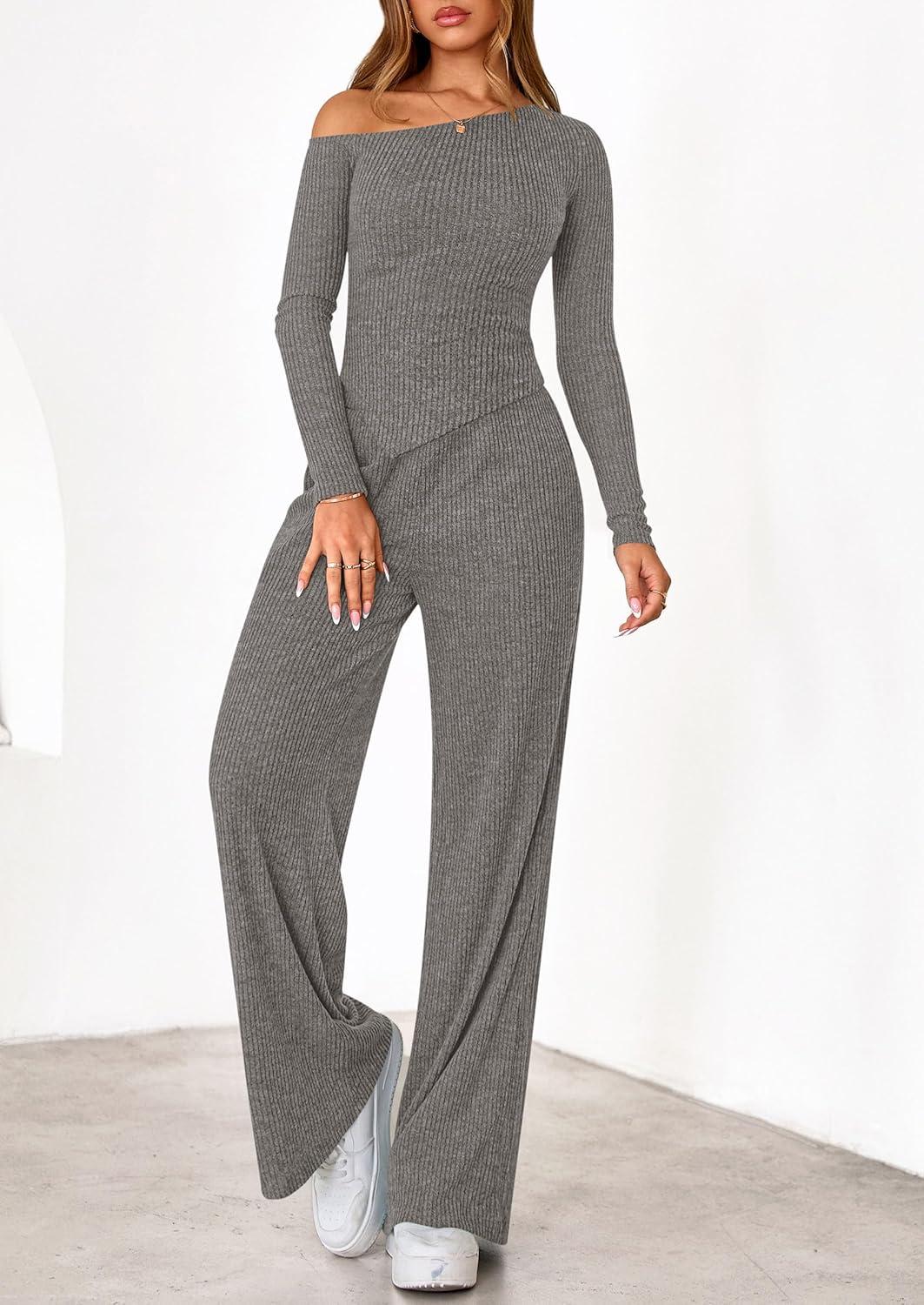 imagePRETTYGARDEN Fall Two Piece Sets For Women 2026 Off Shoulder Tops Long Pants Knit Matching Lounge Set Airport Travel OutfitsGrey