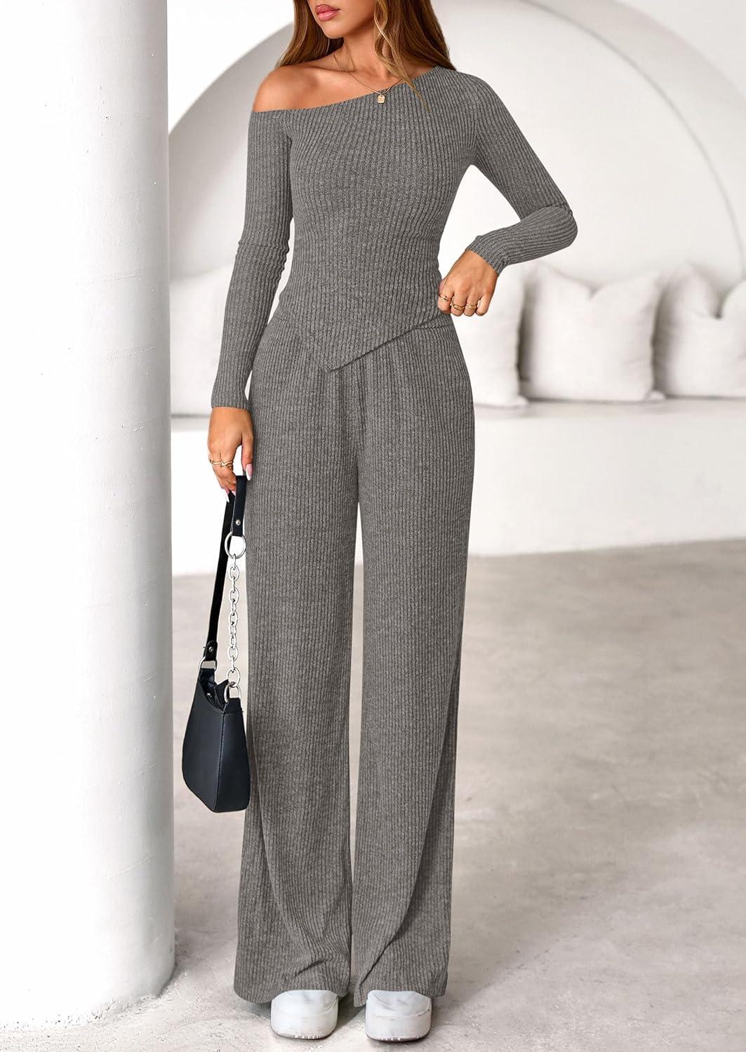 imagePRETTYGARDEN Fall Two Piece Sets For Women 2026 Off Shoulder Tops Long Pants Knit Matching Lounge Set Airport Travel OutfitsGrey