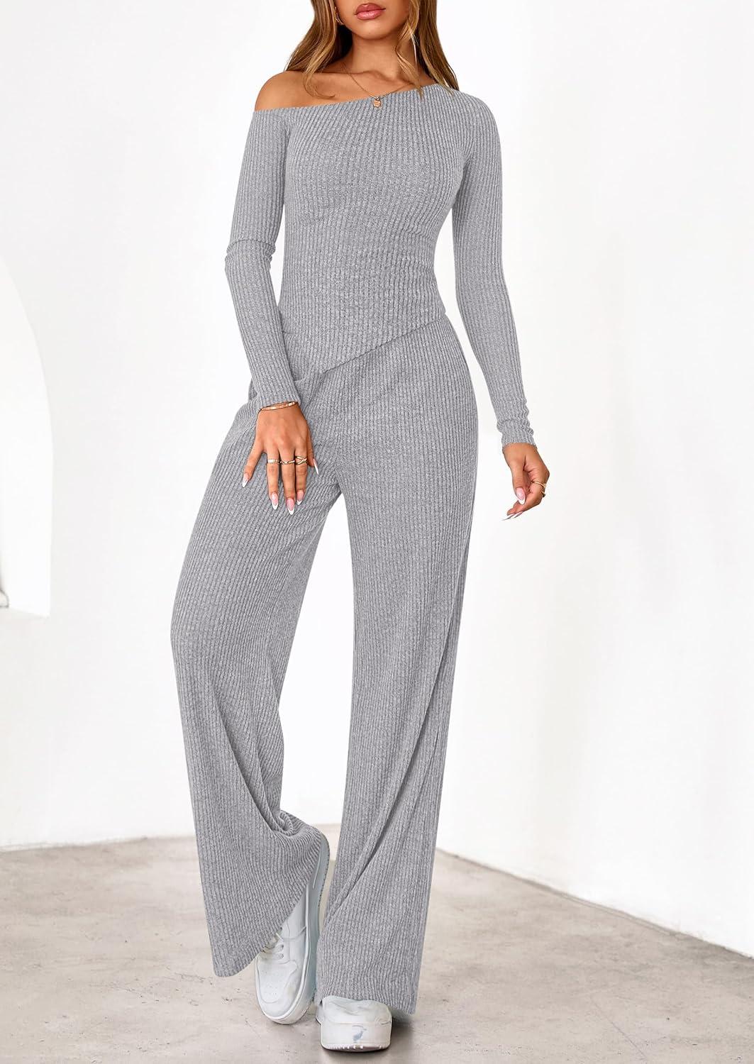 imagePRETTYGARDEN Fall Two Piece Sets For Women 2026 Off Shoulder Tops Long Pants Knit Matching Lounge Set Airport Travel OutfitsLight Grey