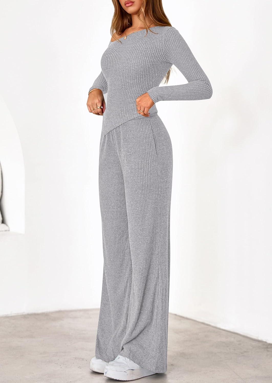 imagePRETTYGARDEN Fall Two Piece Sets For Women 2026 Off Shoulder Tops Long Pants Knit Matching Lounge Set Airport Travel OutfitsLight Grey