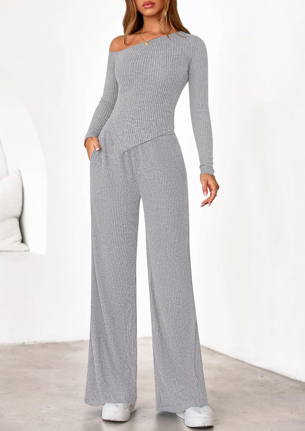 imagePRETTYGARDEN Fall Two Piece Sets For Women 2026 Off Shoulder Tops Long Pants Knit Matching Lounge Set Airport Travel OutfitsLight Grey
