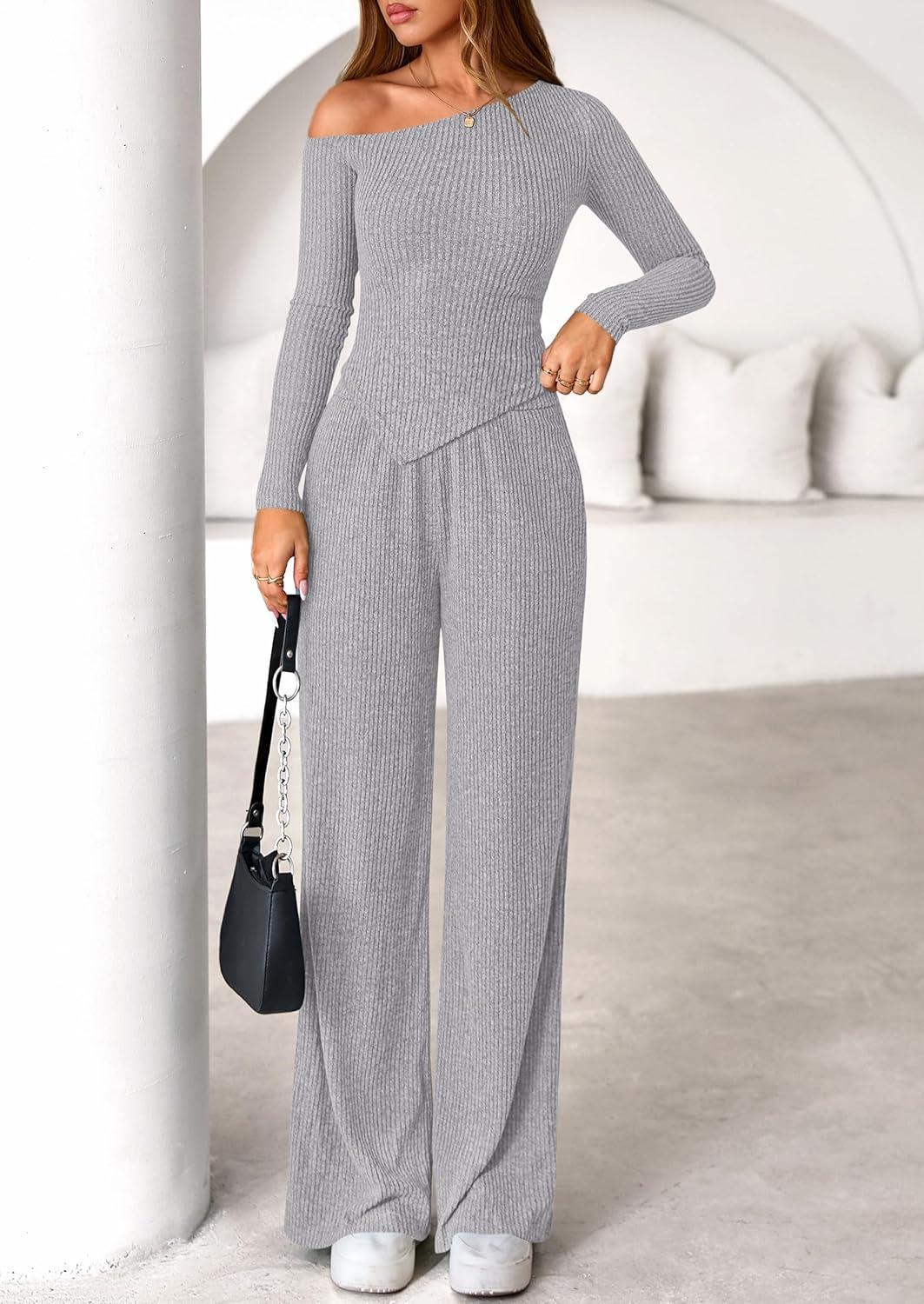 imagePRETTYGARDEN Fall Two Piece Sets For Women 2026 Off Shoulder Tops Long Pants Knit Matching Lounge Set Airport Travel OutfitsLight Grey