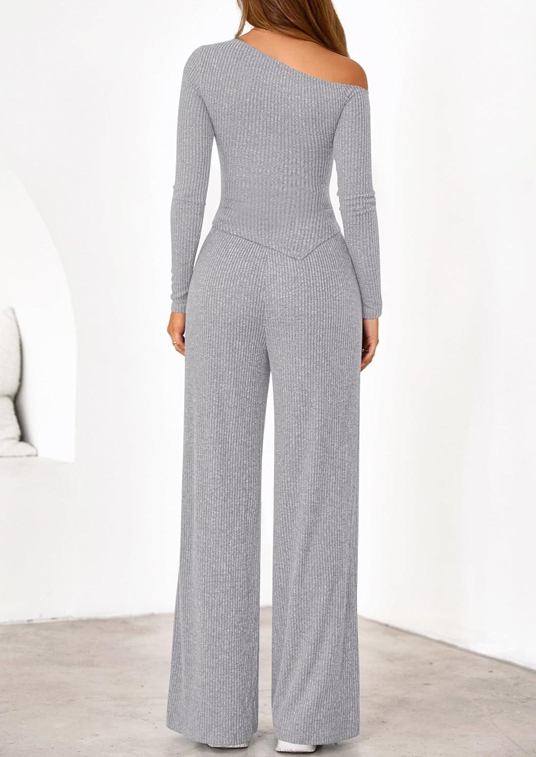 imagePRETTYGARDEN Fall Two Piece Sets For Women 2026 Off Shoulder Tops Long Pants Knit Matching Lounge Set Airport Travel OutfitsLight Grey