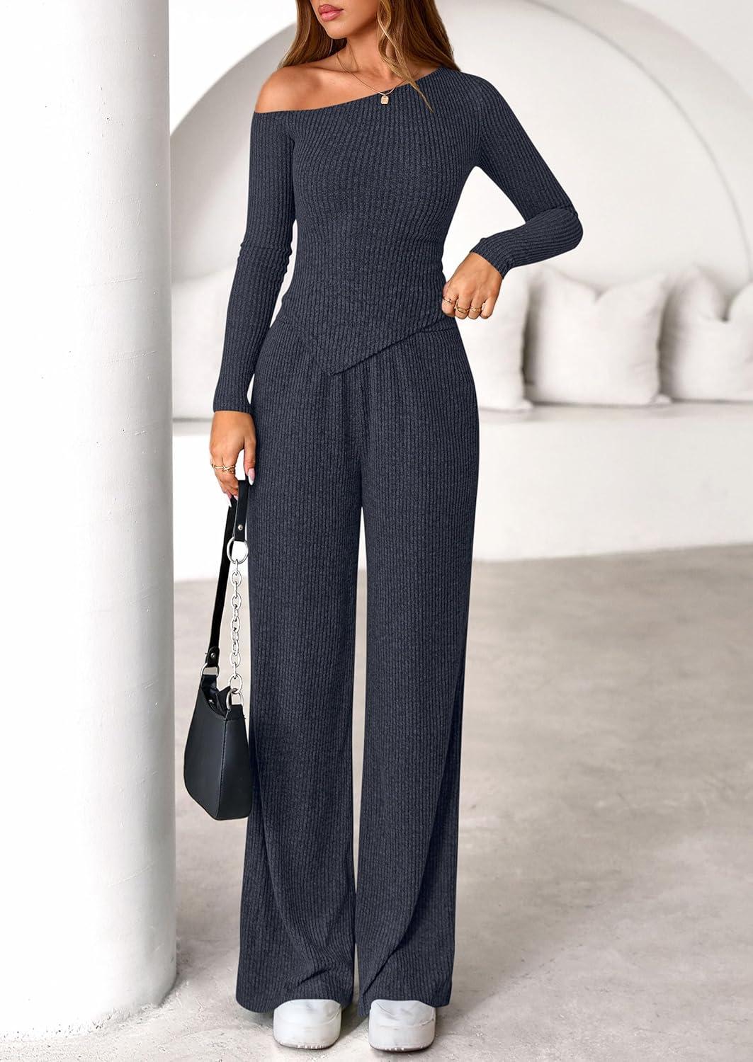 imagePRETTYGARDEN Fall Two Piece Sets For Women 2026 Off Shoulder Tops Long Pants Knit Matching Lounge Set Airport Travel OutfitsNavy
