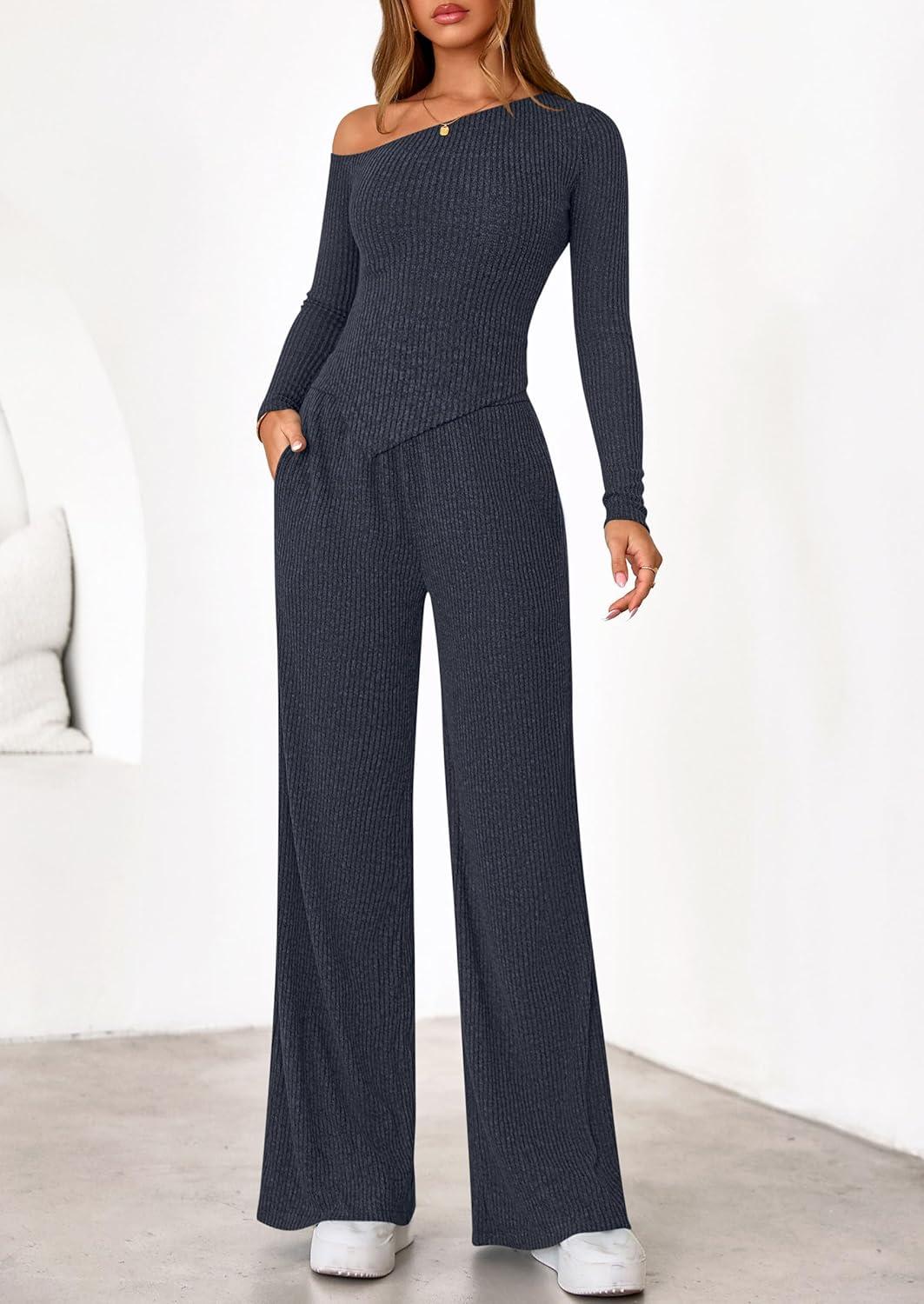 imagePRETTYGARDEN Fall Two Piece Sets For Women 2026 Off Shoulder Tops Long Pants Knit Matching Lounge Set Airport Travel OutfitsNavy