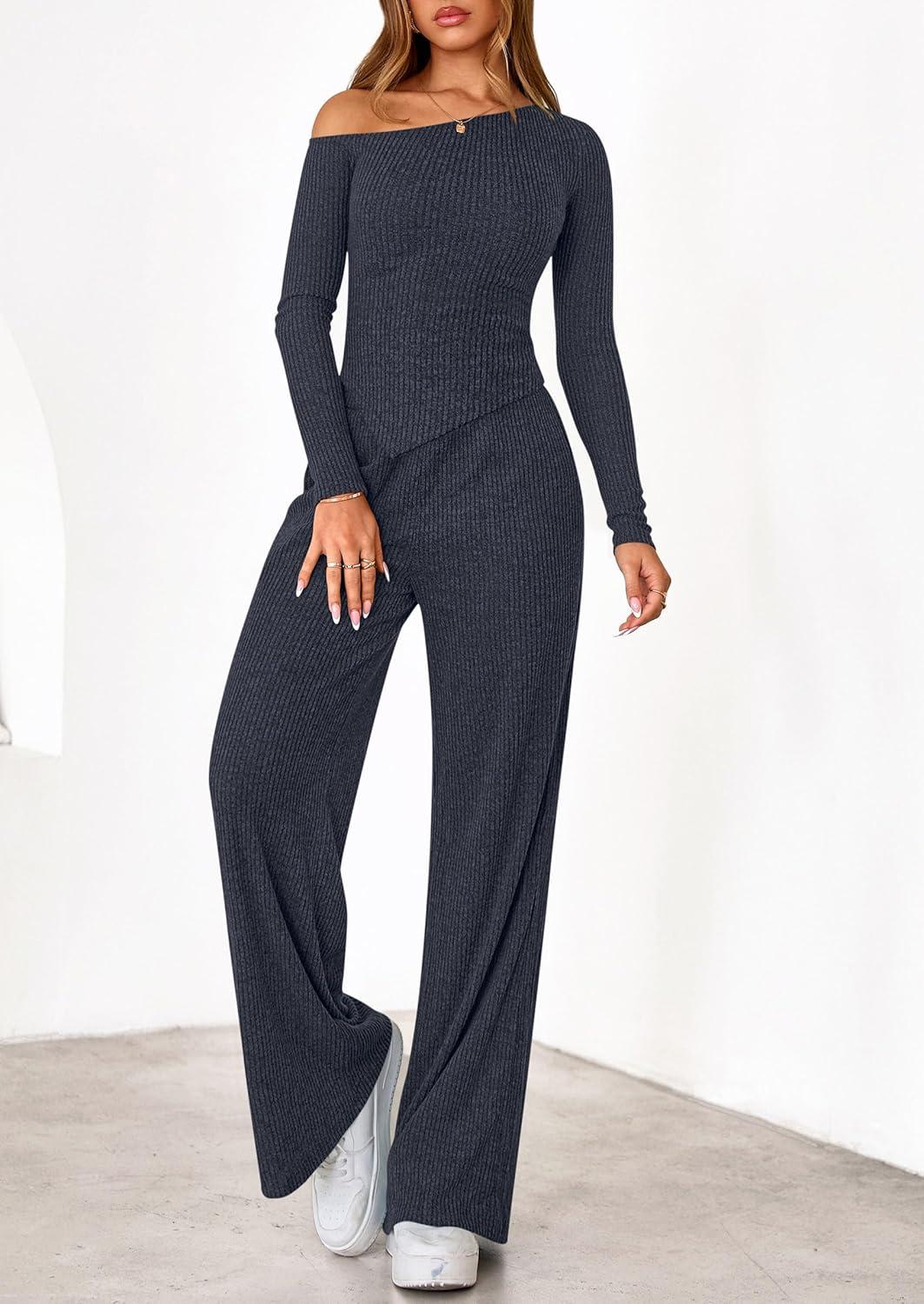 imagePRETTYGARDEN Fall Two Piece Sets For Women 2026 Off Shoulder Tops Long Pants Knit Matching Lounge Set Airport Travel OutfitsNavy