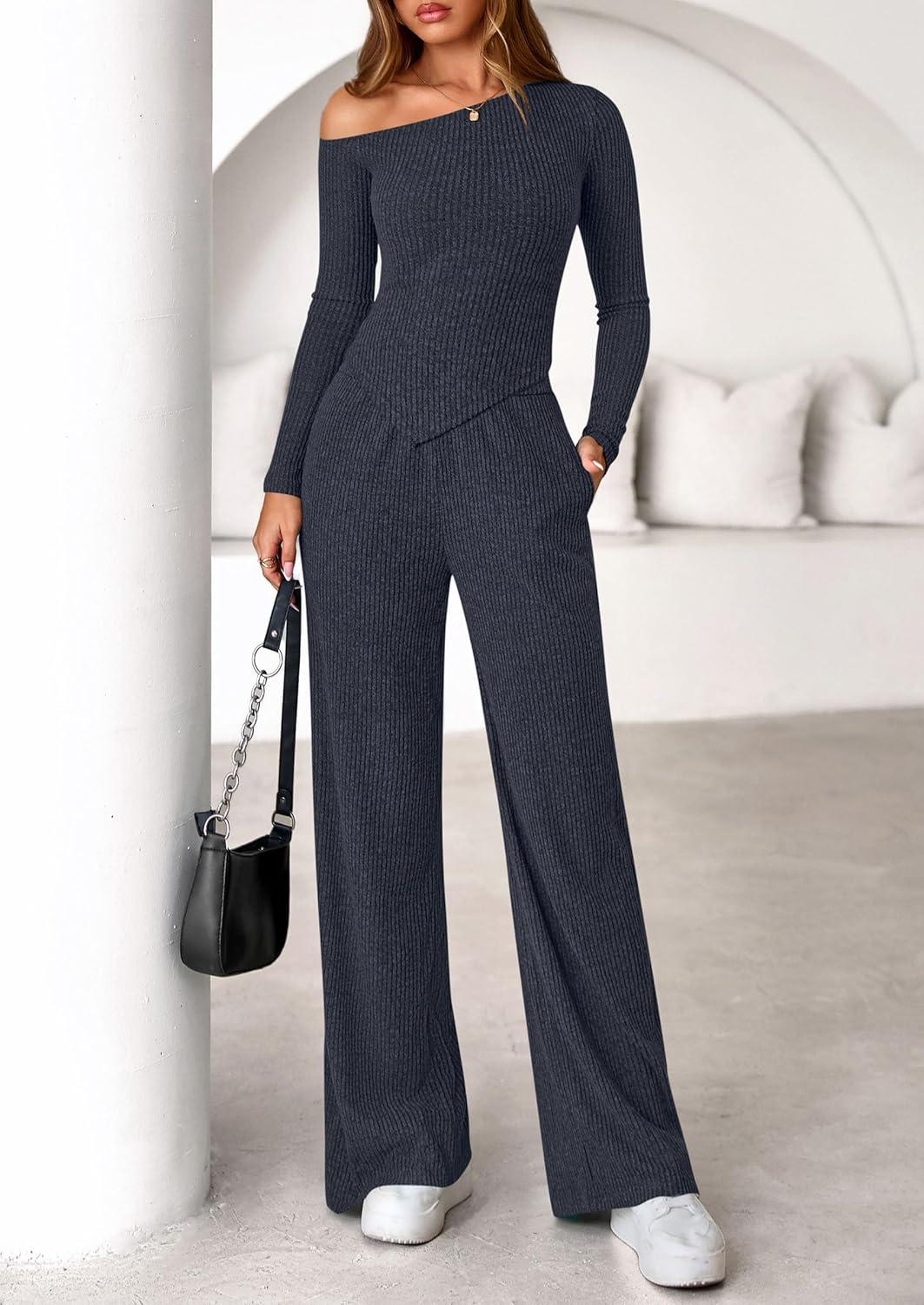 imagePRETTYGARDEN Fall Two Piece Sets For Women 2026 Off Shoulder Tops Long Pants Knit Matching Lounge Set Airport Travel OutfitsNavy