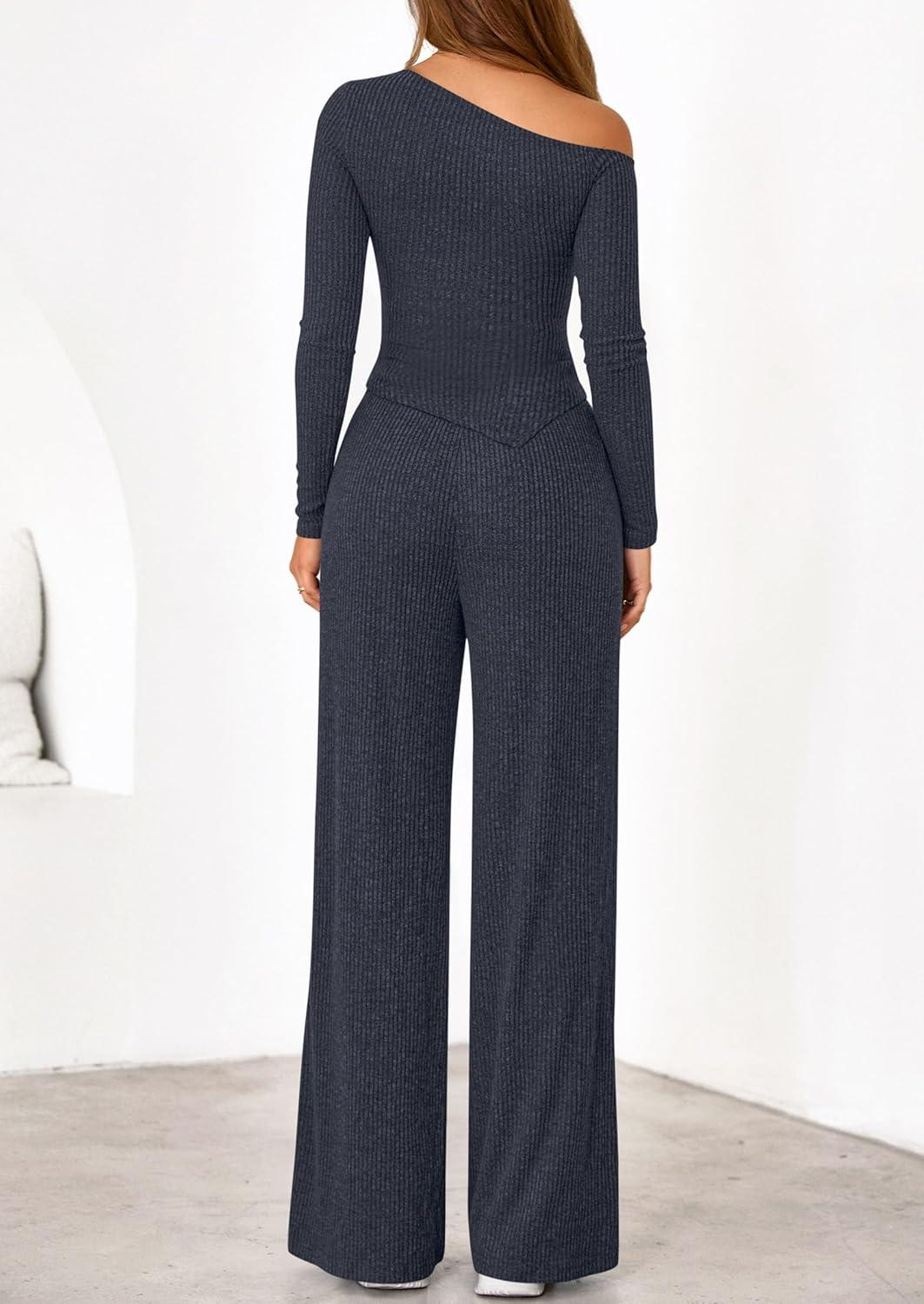 imagePRETTYGARDEN Fall Two Piece Sets For Women 2026 Off Shoulder Tops Long Pants Knit Matching Lounge Set Airport Travel OutfitsNavy