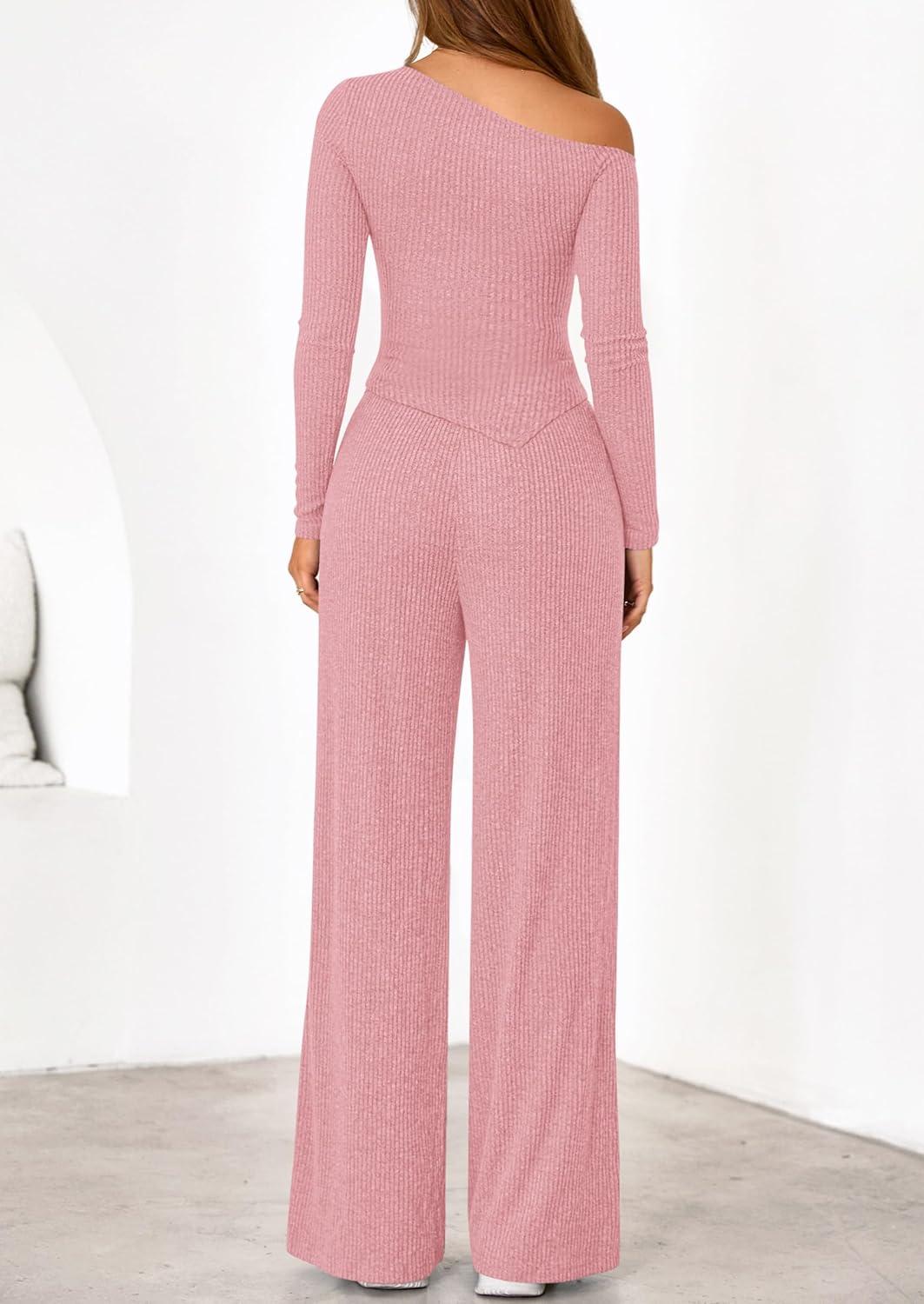 imagePRETTYGARDEN Fall Two Piece Sets For Women 2026 Off Shoulder Tops Long Pants Knit Matching Lounge Set Airport Travel OutfitsPink