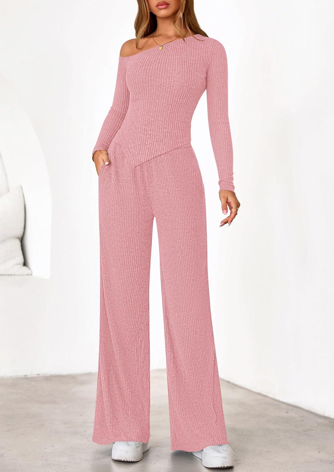 imagePRETTYGARDEN Fall Two Piece Sets For Women 2026 Off Shoulder Tops Long Pants Knit Matching Lounge Set Airport Travel OutfitsPink