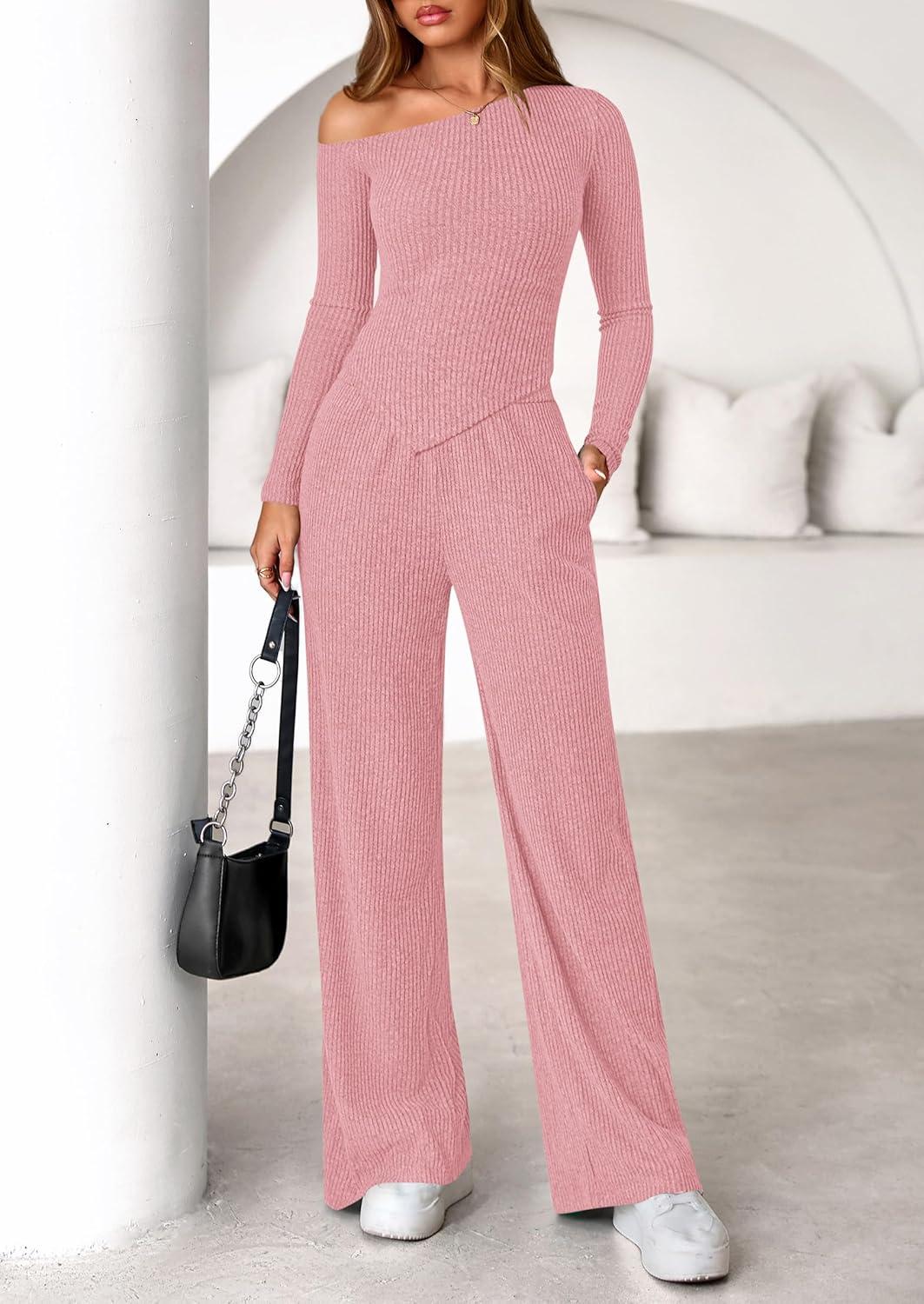 imagePRETTYGARDEN Fall Two Piece Sets For Women 2026 Off Shoulder Tops Long Pants Knit Matching Lounge Set Airport Travel OutfitsPink