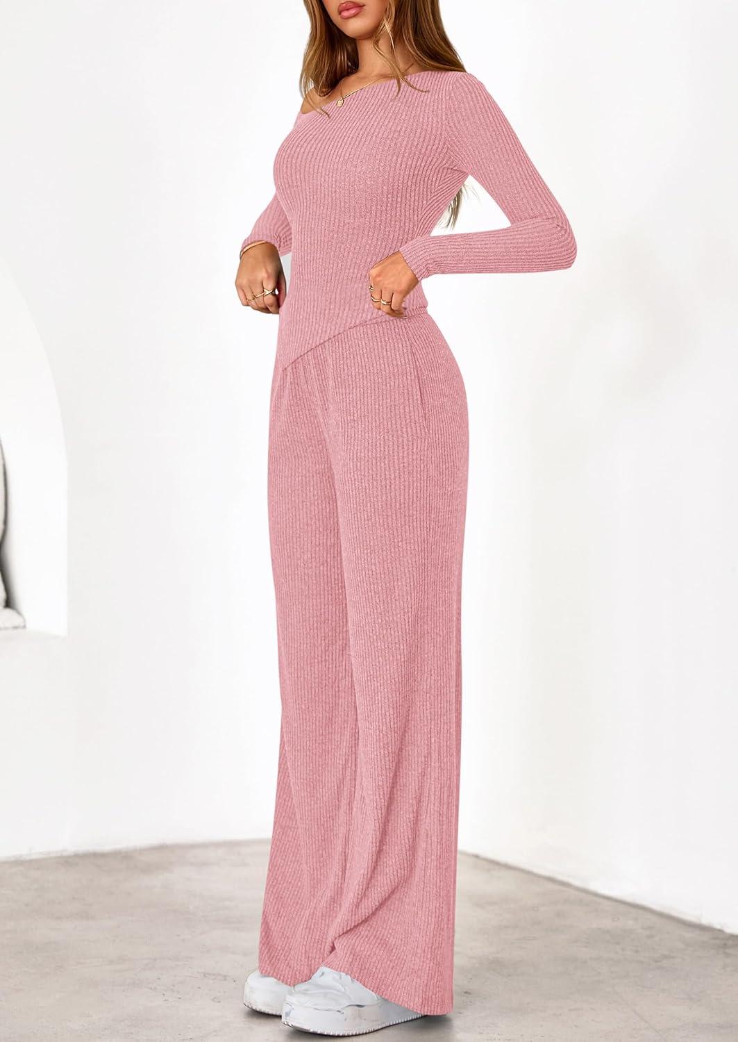 imagePRETTYGARDEN Fall Two Piece Sets For Women 2026 Off Shoulder Tops Long Pants Knit Matching Lounge Set Airport Travel OutfitsPink