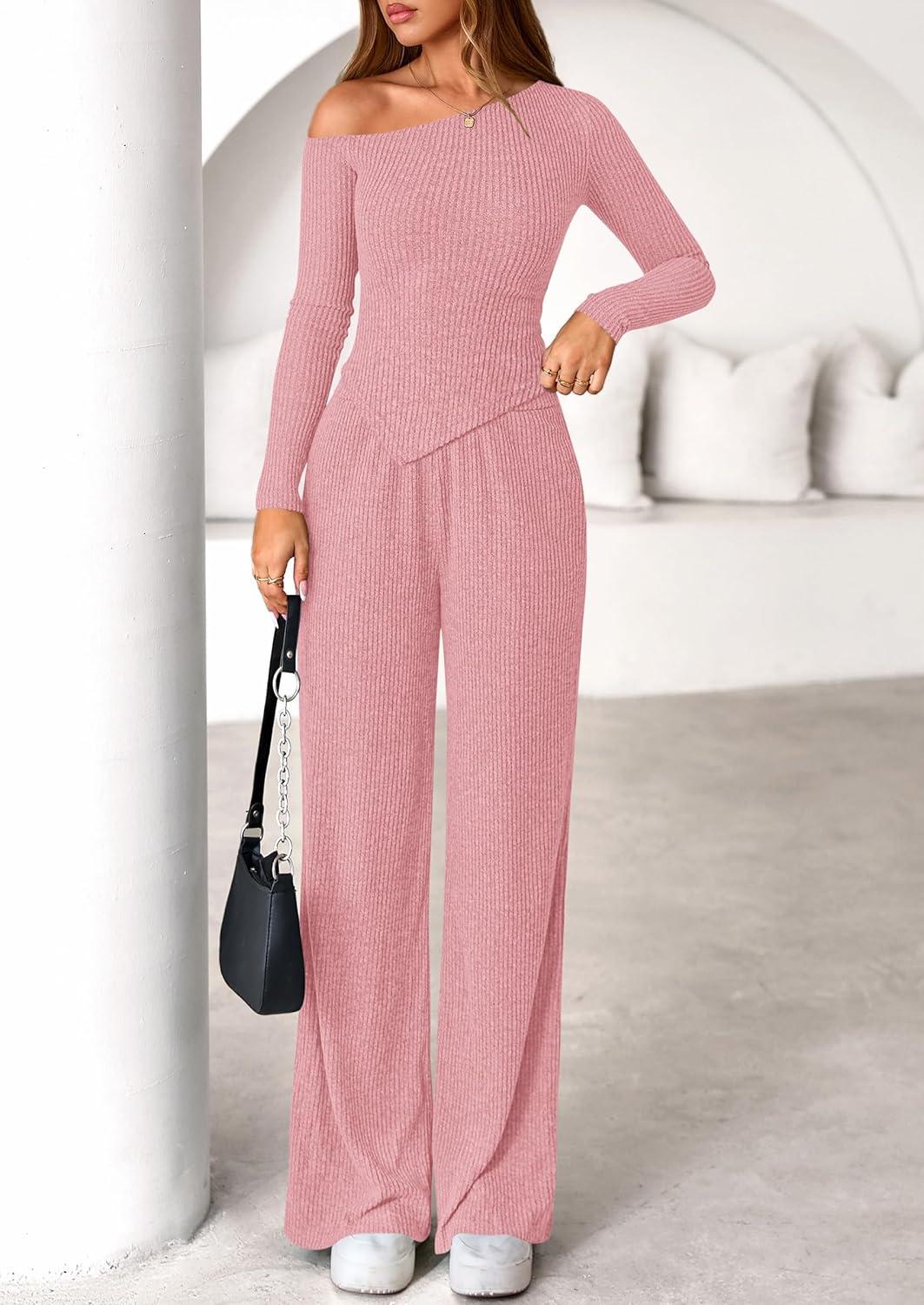 imagePRETTYGARDEN Fall Two Piece Sets For Women 2026 Off Shoulder Tops Long Pants Knit Matching Lounge Set Airport Travel OutfitsPink